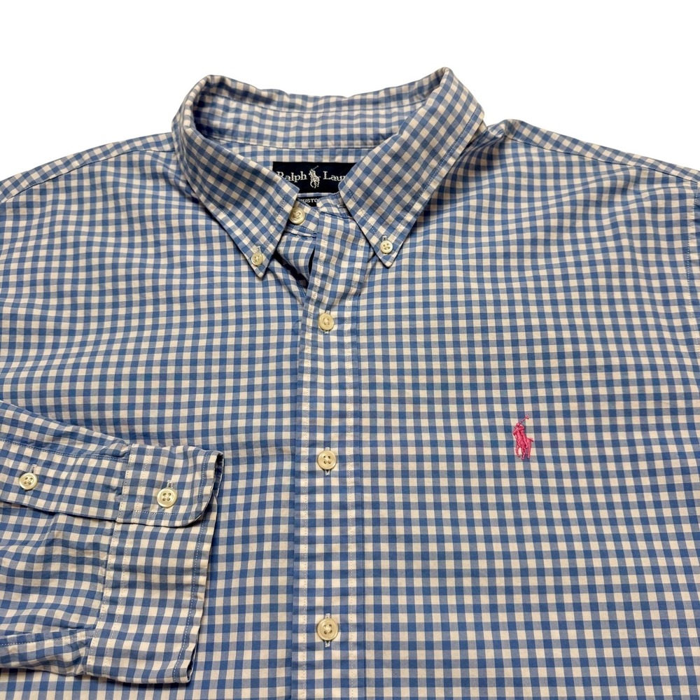 Ralph Lauren Shirt Mens 2XL Blue Check Custom Fit Button Down‎ Pony Logo